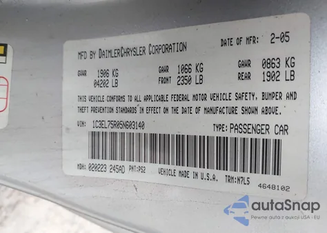 2005 Chrysler Sebring Gtc z USA, uszkodzony, nr VIN 1C3EL75R05N603140